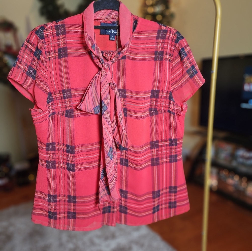 Evan Picone Petite Blouse red & black plaid bow sz 6p - Picture 3 of 6